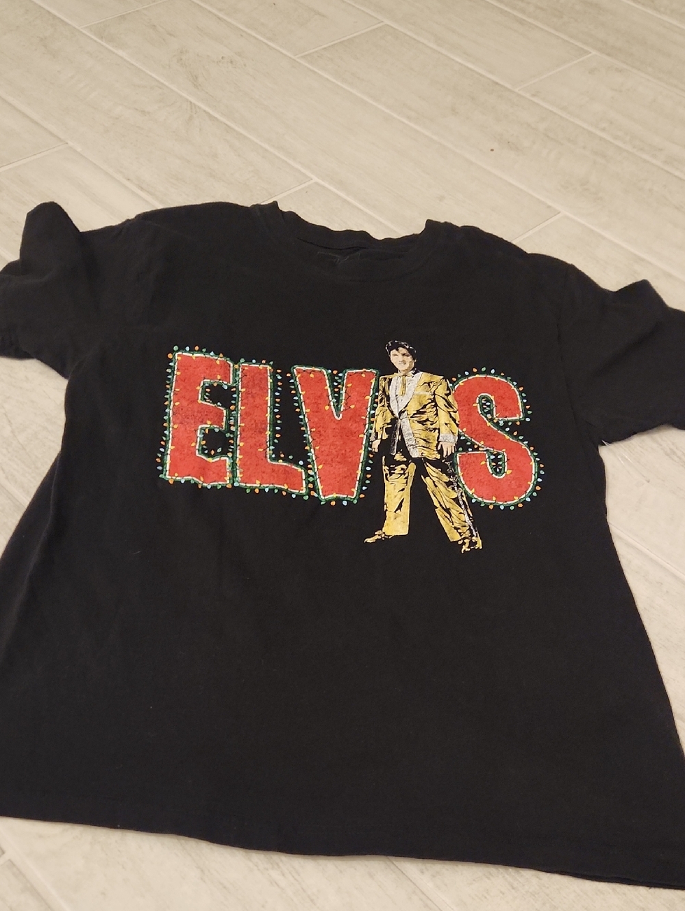 Black Graphic Tee with Red and Gold Lettering - Elvis Design